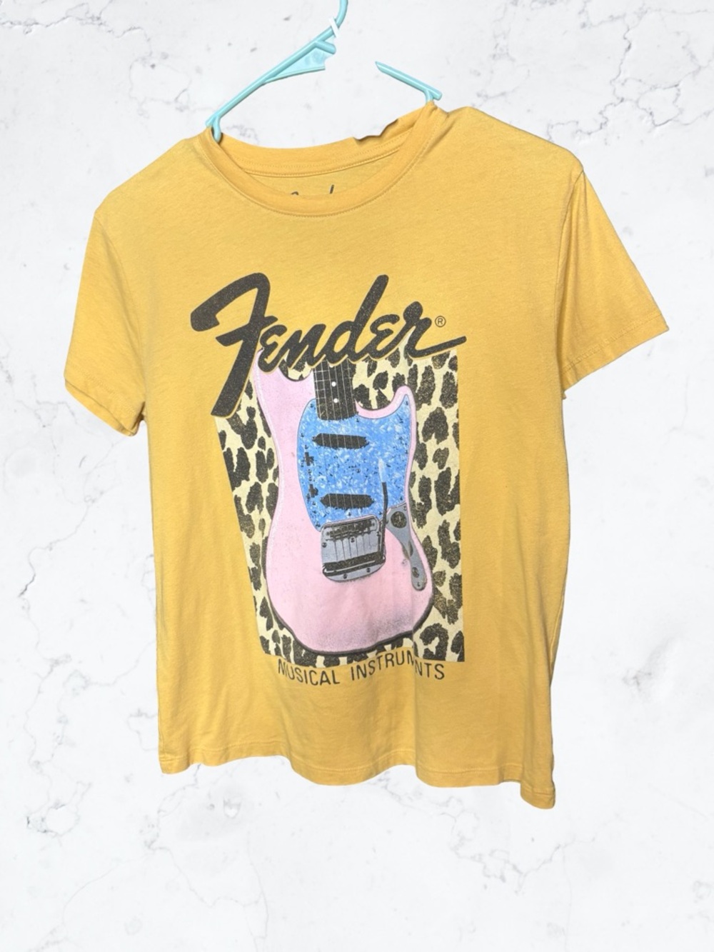 Fender Yellow Tee with Pink & Blue Guitar Graphic